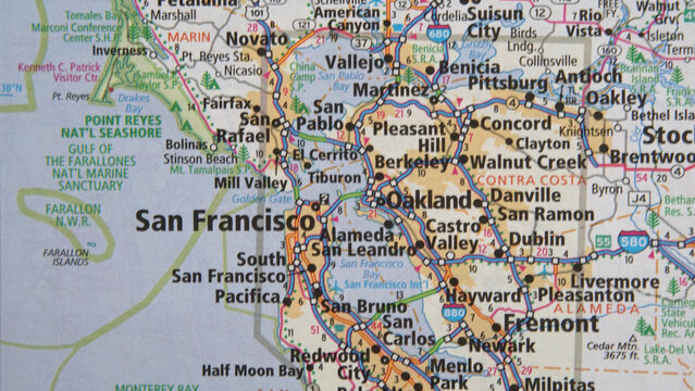Close-up view of a map of the San Francisco Bay area from a road atlas