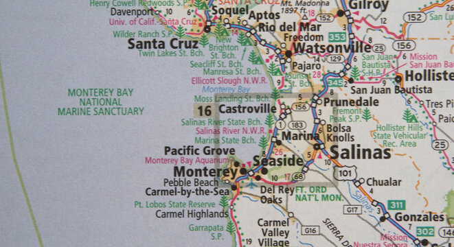 Close-up view of a map of the Monterey Bay and Santa Cruz, California area from a road atlas	