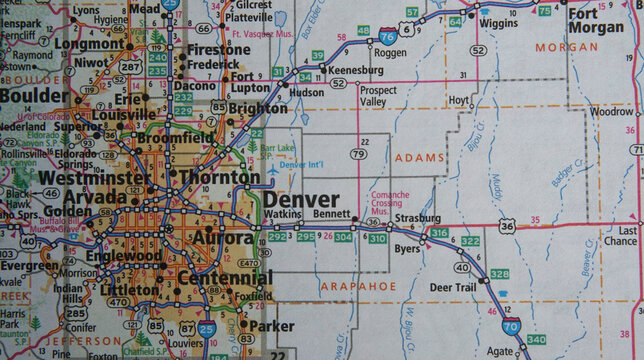 Close up view of a map of the Denver, Colorado area from a road atlas.