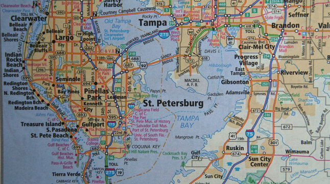 Close up view of a map of the Tampa, Florida area from a road atlas.