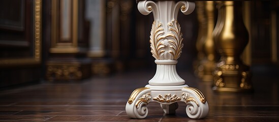 Carved table leg with classic style, white and gold tree, patina, luxurious furniture.