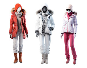 Set of three mannequins of female ski clothes over isolated transparent background