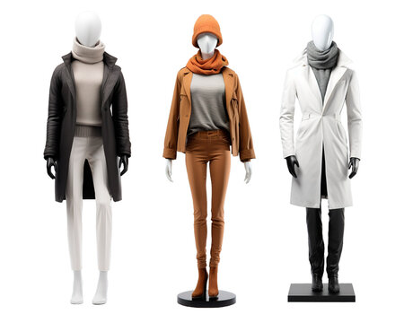 Mannequins of three winter female casual outfits in neutral tones on isolated white background