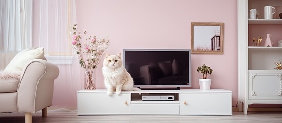 Scandinavian-style home interior with TV, white wardrobe, and adorable cat.
