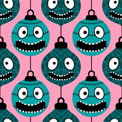 Christmas tree balls seamless cartoon monsters with face pattern for fabrics and wrapping paper and kids print