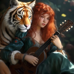 a girl with gorgeous red hair, plays the lute with her best tiger friend next to her.
image created by artificial intelligence.