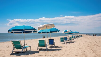 Fototapeta na wymiar Summer beach deck chairs and protective umbrellas on the seashore