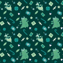 Cartoon Christmas dinosaur seamless dragon and candy and gift box and toys pattern for wrapping paper