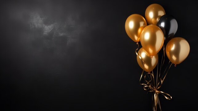 Gold air black balloons with black wall background. Generative AI