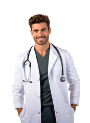 Handsome doctor posing with medical gown and stethoscope. Isolated white background - obrazy, fototapety, plakaty