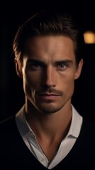 Obraz premium Handsome man with a nice hairstyle on a dark background. Generative AI