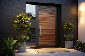 Modern Wood Grain Fiberglass Front Entry Door, Single Door With One Sidelite - obrazy, fototapety, plakaty
