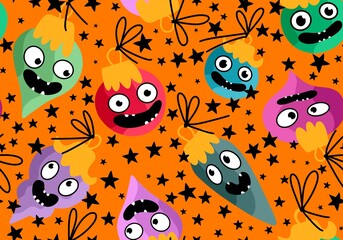 Christmas tree balls seamless cartoon monsters with face pattern for fabrics and wrapping paper and kids print