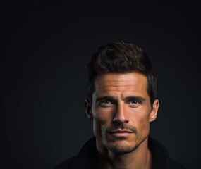 Obraz premium Handsome man with a nice hairstyle on a dark background. Generative AI