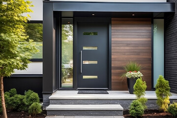 Modern Black Fiberglass Front Entry Door, Single Door With One Sidelite - obrazy, fototapety, plakaty