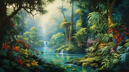 Fototapeta na wymiar a pristine, emerald-green river winding through a lush rainforest, with vibrant birds and exotic flora, creating a vivid natural tapestry