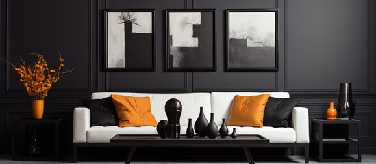 Living room with black furniture and empty frames.