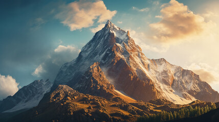 Obraz premium A breathtaking mountain peak catching the last rays of sunlight. AI Generative.