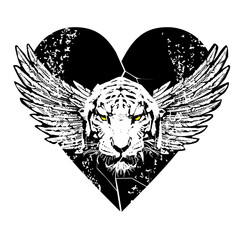 T-shirt design of a tiger head with wings over a black heart. Monochrome vector illustration for tattoos.