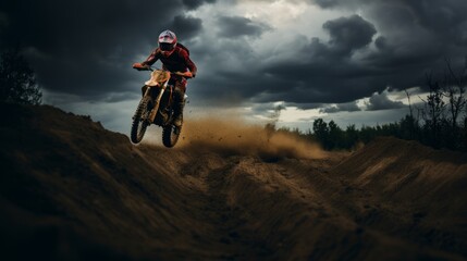 Obraz premium Extreme Sports in Nature:a person riding a orange motorcycle in the track