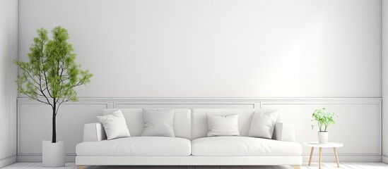 Scandinavian-style illustration of a white sofa in a minimalistic living room.