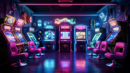 Papier Peint photo Las Vegas a retro video game arcade room, showcasing vintage arcade cabinets and neon-lit game room chairs for a nostalgic gaming arcade