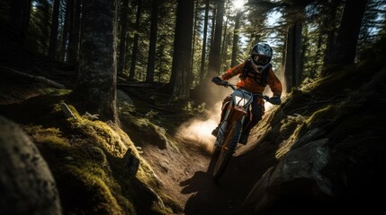 Obraz premium Extreme Sports in Nature:a person riding a orange motorcycle in the forest.
