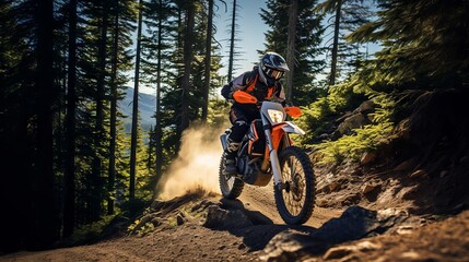 Fototapeta na wymiar Racing Through the Mountain and Forest on a High-Speed Motocross Dirt Bike 