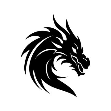 Black dragon illustration. Symbol of New Year 2024. Chinese dragon, fairy and fantastic serpent, fantazy monster, for cricut. Sketch for tattoo. Isolated vector image, dragon head silhouette