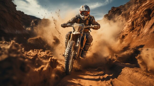Racing Through the Mountain and Forest on a High-Speed Motocross Dirt Bike	
