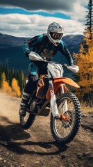 Extreme Sports in Nature:a person riding a orange motorcycle in the forest.