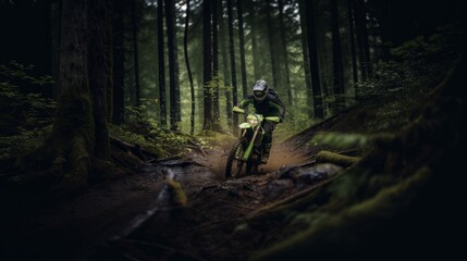 Fototapeta premium Extreme Sports in Nature: a person riding a dirty bike at the Forest.
