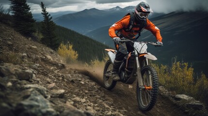 Fototapeta premium Extreme Sports in Nature: a person riding an orange motorcycle in the Mountains.