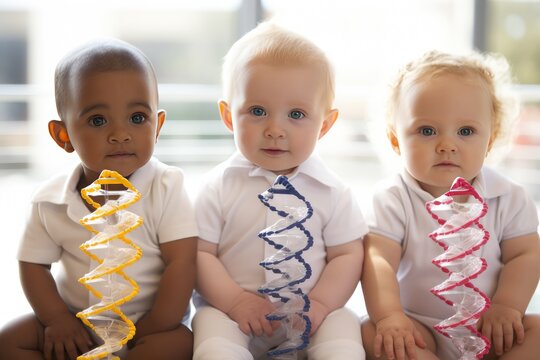 Babies sitting with DNA helix in front of them - Powered by Adobe