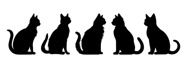 Feline silhouettes, black cat - for logo of homeless animal shelter. Animal theme. Set black cats, isolated on white background. Vector illustration, Halloween decorative elements. © LENNAMATS