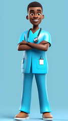 Cartoon 3D nurse character with a stethoscope  smiling at the camera.