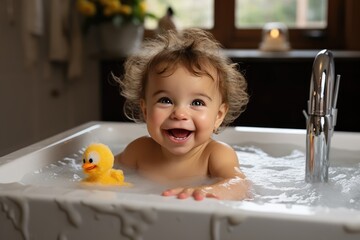 Infant taking a bubble bath with his toys - obrazy, fototapety, plakaty