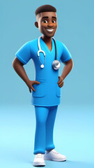 Cartoon 3D nurse character with a stethoscope  smiling at the camera.