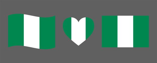 Nigeria flag signs set. Nigerian heart shape decorative element. Independence Day of Nigeria. National symbols for Nigerian holidays. West African state - obrazy, fototapety, plakaty