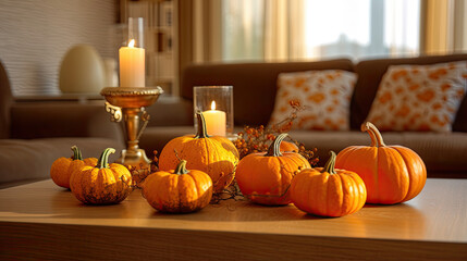 Pumpkin on a surface in a antique living room
