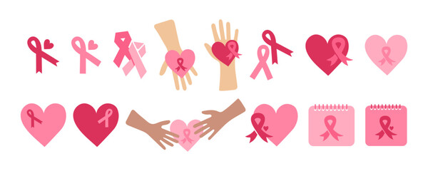 Set of pink ribbon and heart icons for Pink October. Breast Cancer Awareness sign and symbol. Awareness ribbons for Nursing Mothers, Birth Parents and Breast Reconstruction Awareness. Pink October set