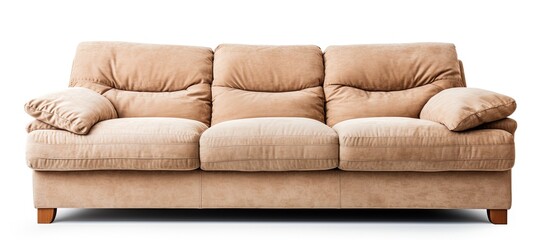 Beige fabric sofa, three seats, isolated on white background.