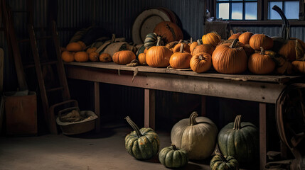 Pumpkin on a surface in a antique garage