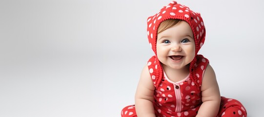 Baby smiling and wearing a red outfit in a white background
