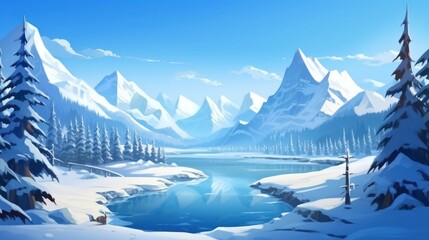 Beautiful mountainous landscape, between a frozen lake and vegetation game art