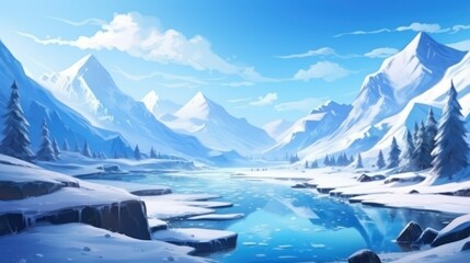 Fototapeta na wymiar Beautiful mountainous landscape, between a frozen lake and vegetation game art