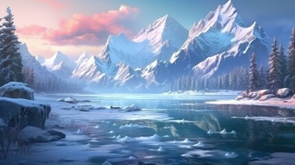 Beautiful mountainous landscape, between a frozen lake and vegetation game art