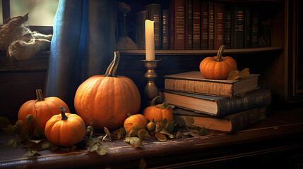 Pumpkin on a surface in a antique study
