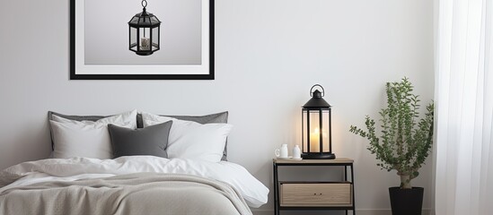 A monochromatic poster on the headboard of a plain bedroom, accompanied by a lantern on a bedside table.