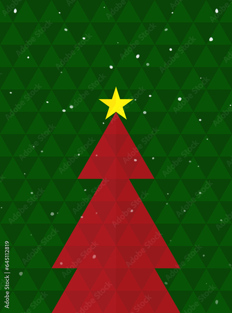 Poster red christmas tree with yellow star made of triangles on a green triangle background with snowfall. 